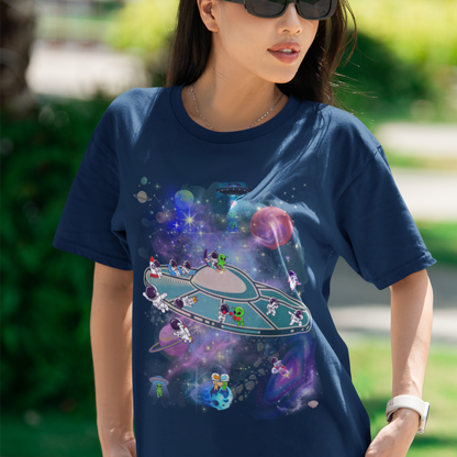 "Space Party" Intergalactic T-Shirt - Whimsical UFO & Astronaut Adventure Tee
