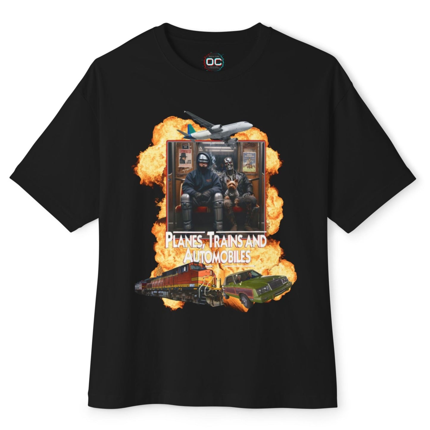 Oversized Boxy Planes, Trains, & Automobiles, and Cyborgs Tee – 80s Movies Mashup T-Shirt