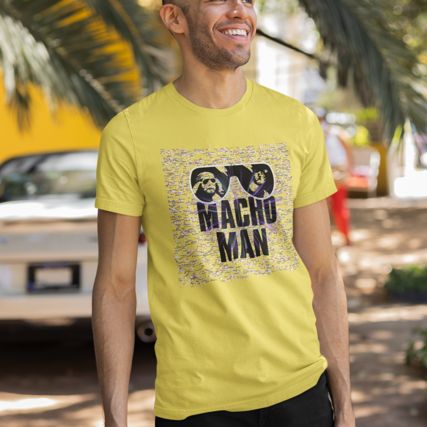 Macho Man Randy Savage Tribute Tee – Retro Glasses Design with TV Fuzz Background