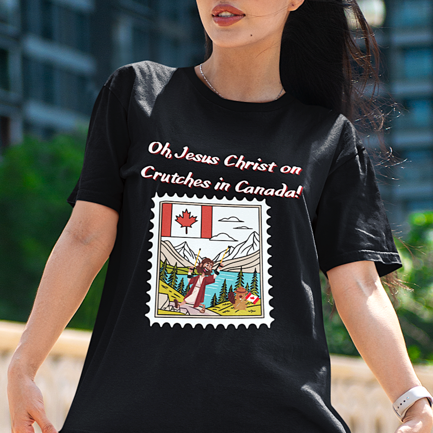 Funny "Oh, Jesus Christ on Crutches in Canada!" Tee | Chaotic Humor Graphic T-Shirt