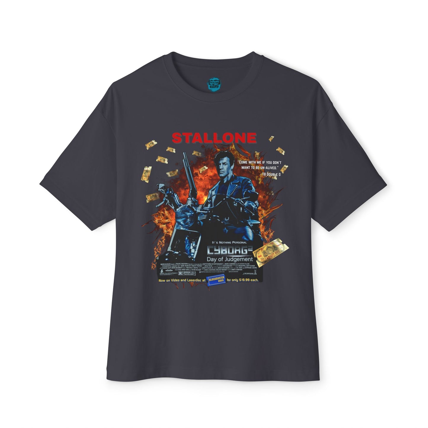 Boxy Oversized Action Movie Hero Tee – “Cyborg 2: Day of Judgement” Spoof Parody T-Shirt