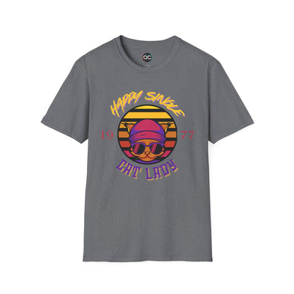 Retro "1977 Happy Single Cat Lady" Tee | Chill Vibe Graphic Shirt | Casual Vintage T-Shirt | For Cat Moms