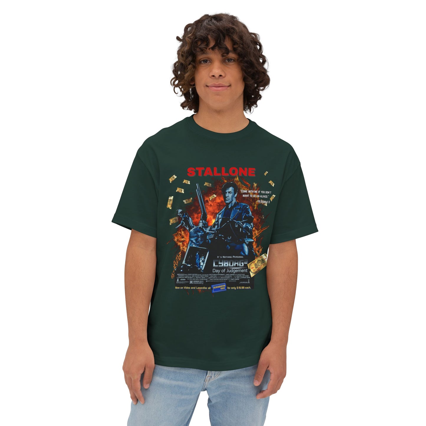 Boxy Oversized Action Movie Hero Tee – “Cyborg 2: Day of Judgement” Spoof Parody T-Shirt