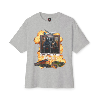 Oversized Boxy Planes, Trains, & Automobiles, and Cyborgs Tee – 80s Movies Mashup T-Shirt