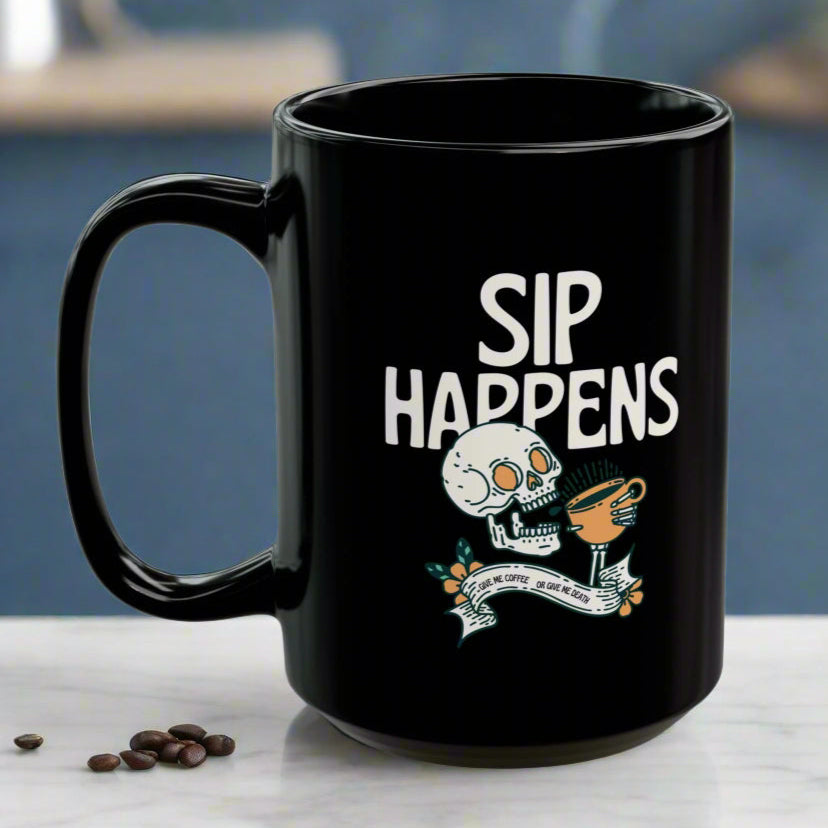 "Sip Happens" Skeleton Mug, For Those That Are Just Dying For a Sip - In Black