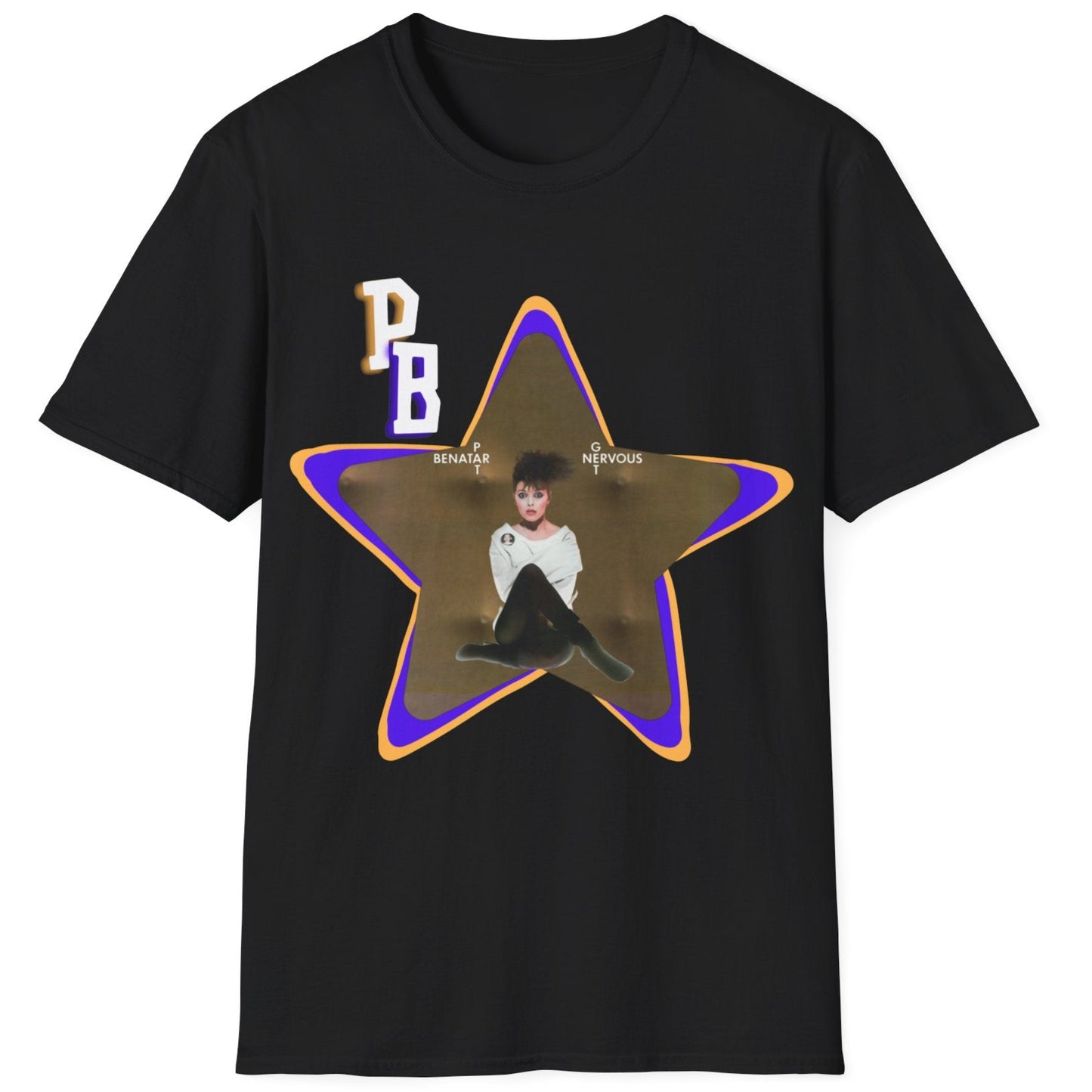 Pat Benatar "Get Nervous" Homage T-Shirt – Retro Rock Tee with Gold Star Design