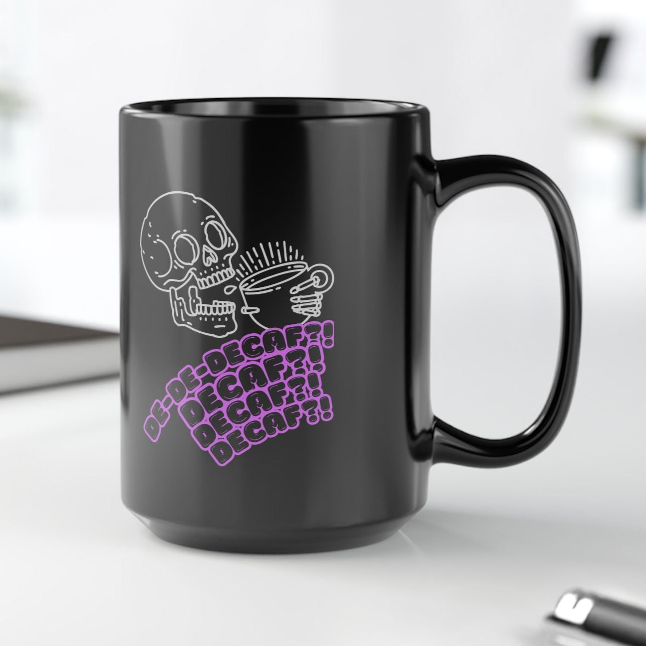 "Funny Skeleton Decaf Coffee Mug - 'Freaking Out Over Decaf' Design - Black Ceramic Mug for Coffee Lovers - Humorous Gift for Coffee Drinkers"