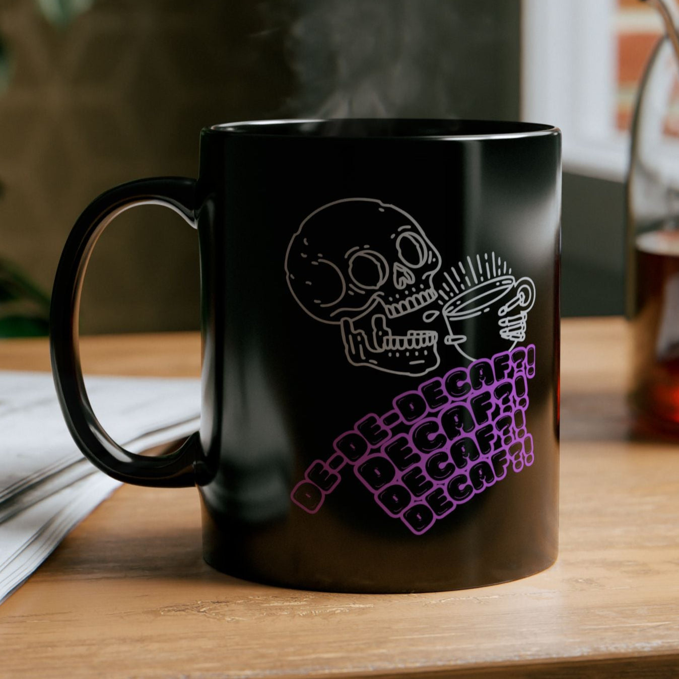 "Funny Skeleton Decaf Coffee Mug - 'Freaking Out Over Decaf' Design - Black Ceramic Mug for Coffee Lovers - Humorous Gift for Coffee Drinkers"