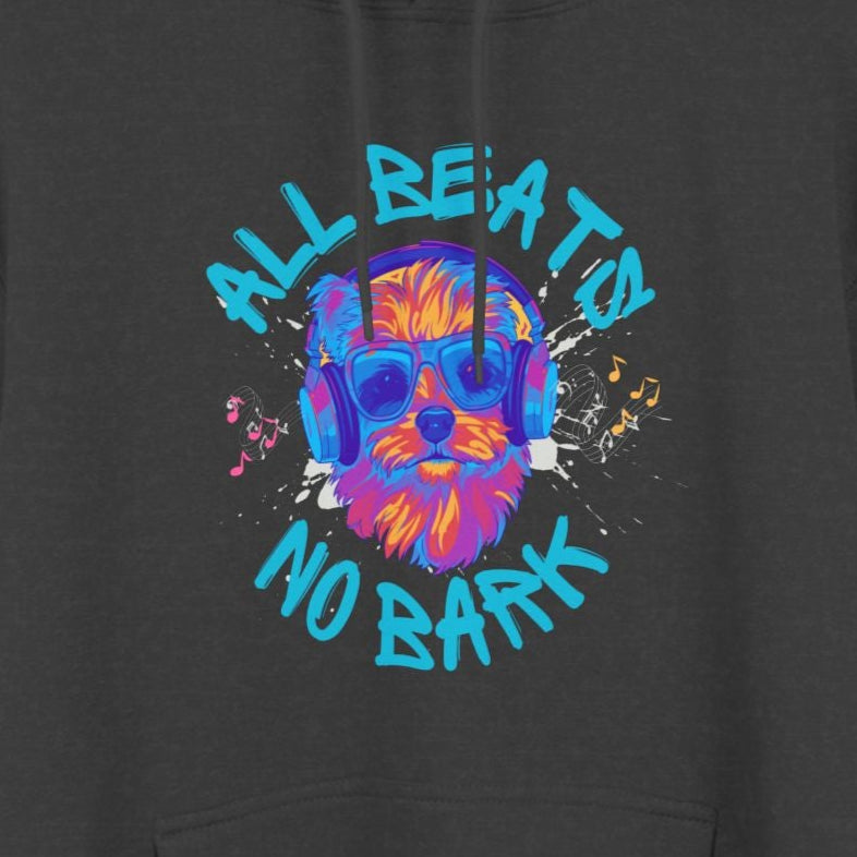 "All Beats No Bark" Terrier Vibes Dog Fleece Hoodie, Cute Cartoon Dog with Music Headphones, Fun Music Lover Apparel, Colorful Terrier Sweatshirt