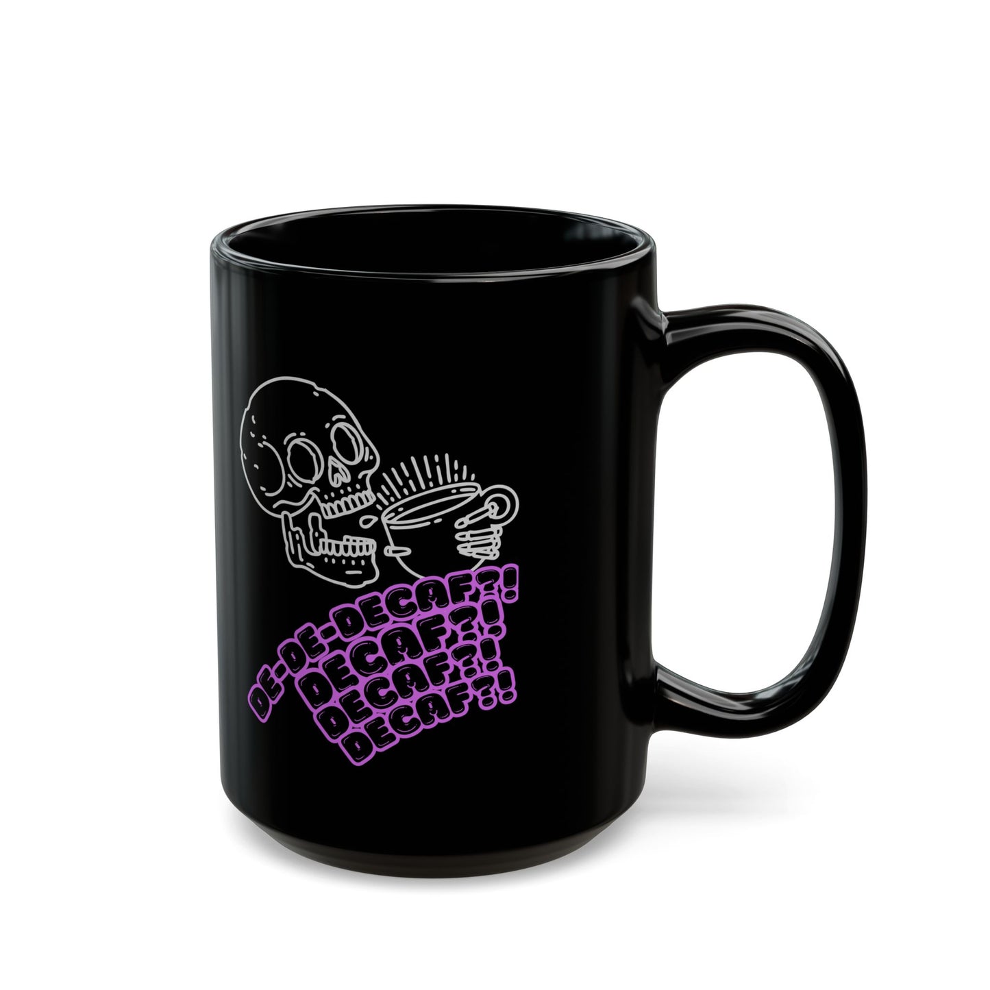 "Funny Skeleton Decaf Coffee Mug - 'Freaking Out Over Decaf' Design - Black Ceramic Mug for Coffee Lovers - Humorous Gift for Coffee Drinkers"