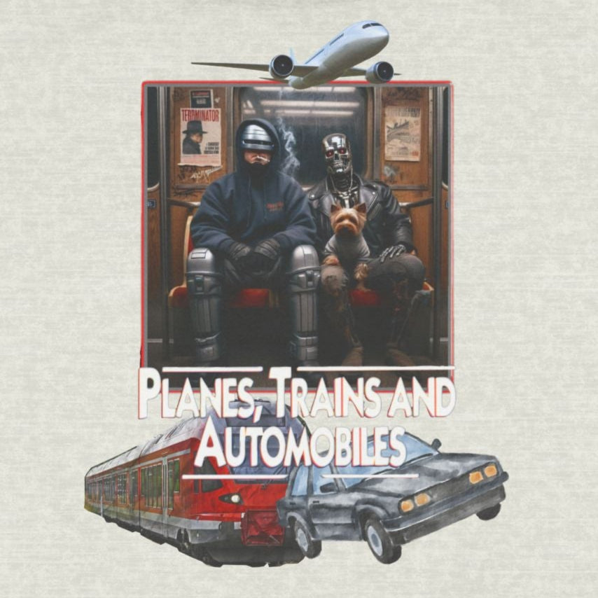 Planes, Trains, and Automobiles Movie Sci Fi Mash-Up in Double-sided Three-Panel Fleece Hoodie with Terminator and Robocop