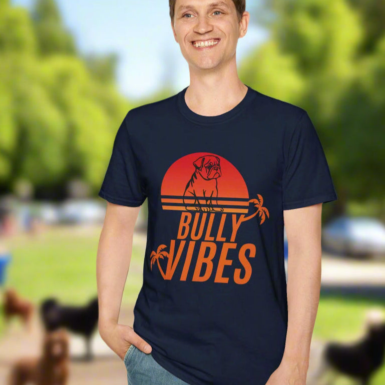 English Bulldog Vibes Retro Sunset Unisex Softstyle T-Shirt, Beach Summer Vibes Tee, Dog Lover Gift, Vintage Graphic Shirt, Animal Print Top