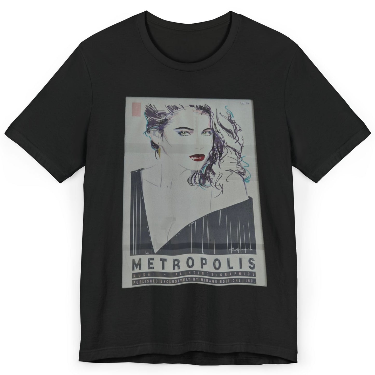 Vintage 80s Metropolis Poster T-Shirt – Retro Black Ink Woman Design | Off-Center Retro Tee
