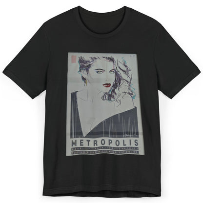 Vintage 80s Metropolis Poster T-Shirt – Retro Black Ink Woman Design | Off-Center Retro Tee