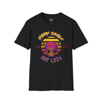Retro "1977 Happy Single Cat Lady" Tee | Chill Vibe Graphic Shirt | Casual Vintage T-Shirt | For Cat Moms