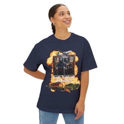 Oversized Boxy Planes, Trains, & Automobiles, and Cyborgs Tee – 80s Movies Mashup T-Shirt