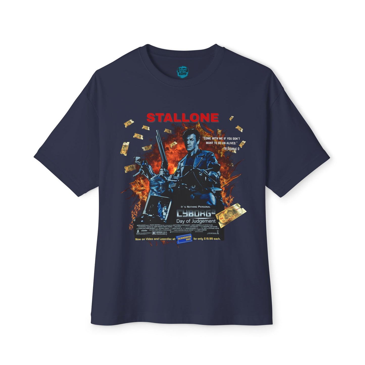 Boxy Oversized Action Movie Hero Tee – “Cyborg 2: Day of Judgement” Spoof Parody T-Shirt