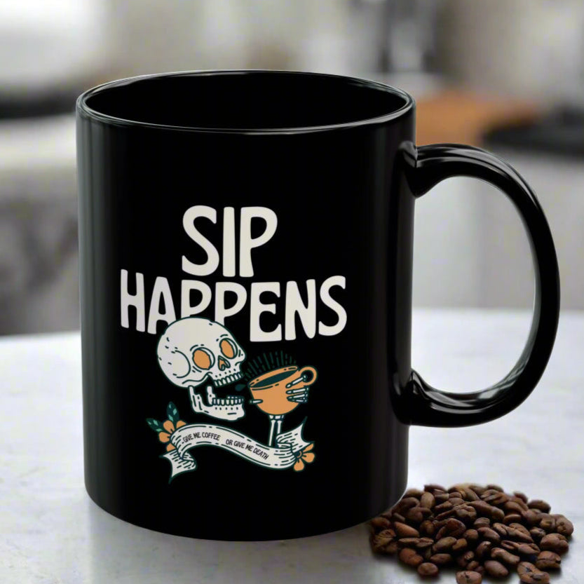 "Sip Happens" Skeleton Mug, For Those That Are Just Dying For a Sip - In Black