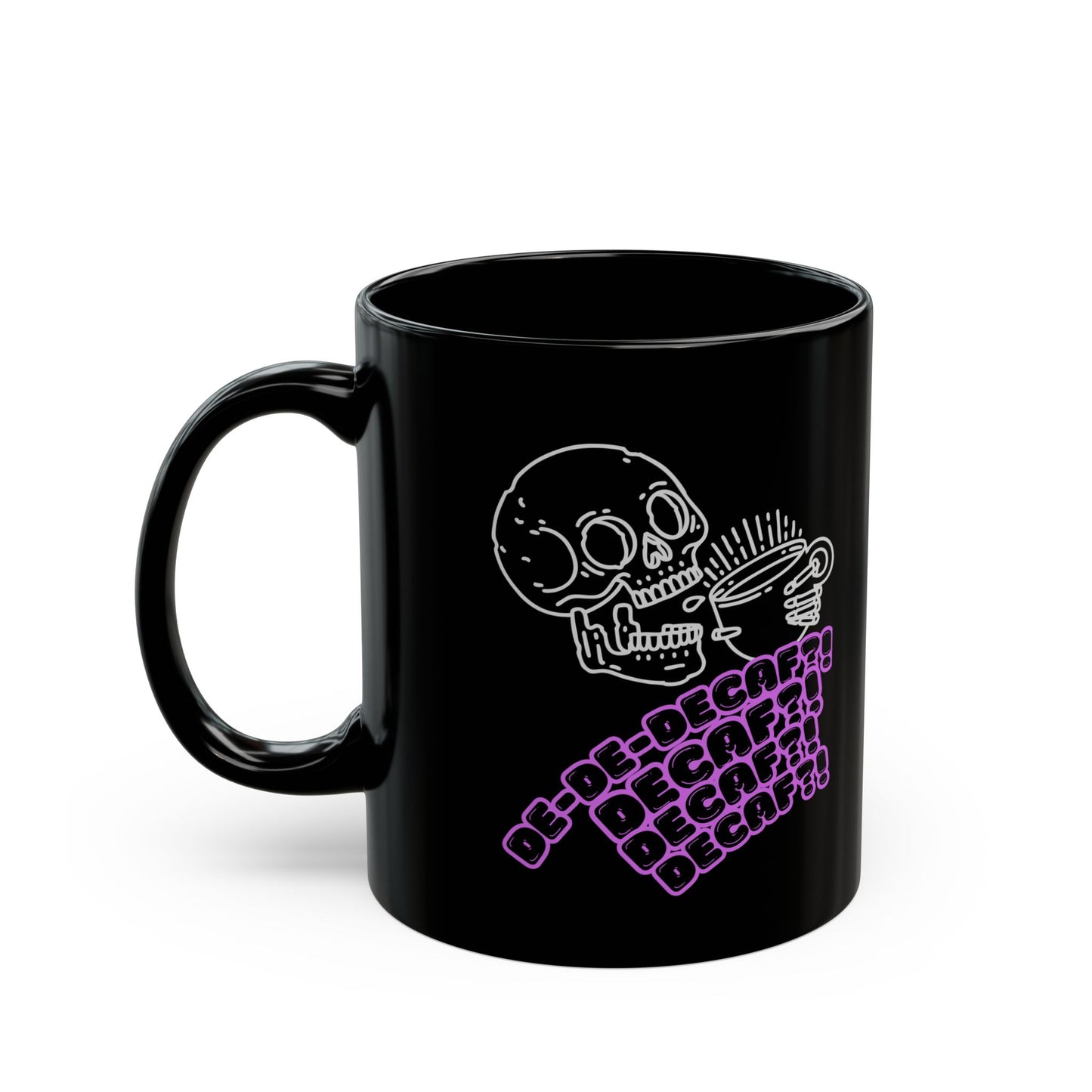 "Funny Skeleton Decaf Coffee Mug - 'Freaking Out Over Decaf' Design - Black Ceramic Mug for Coffee Lovers - Humorous Gift for Coffee Drinkers"