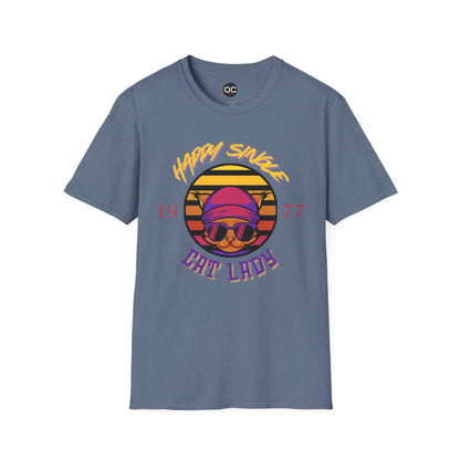 Retro "1977 Happy Single Cat Lady" Tee | Chill Vibe Graphic Shirt | Casual Vintage T-Shirt | For Cat Moms