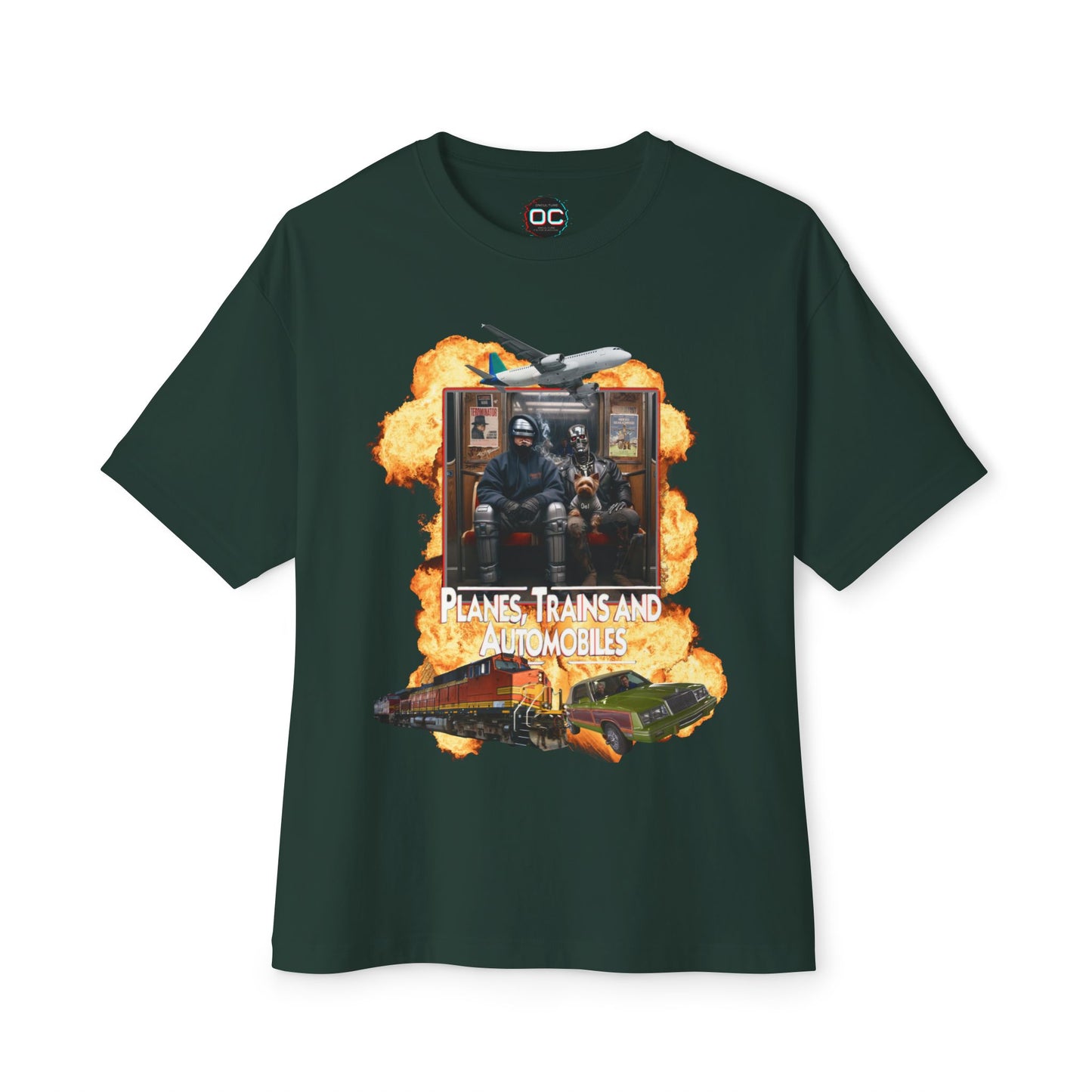 Oversized Boxy Planes, Trains, & Automobiles, and Cyborgs Tee – 80s Movies Mashup T-Shirt