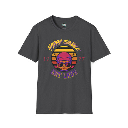 Retro "1977 Happy Single Cat Lady" Tee | Chill Vibe Graphic Shirt | Casual Vintage T-Shirt | For Cat Moms