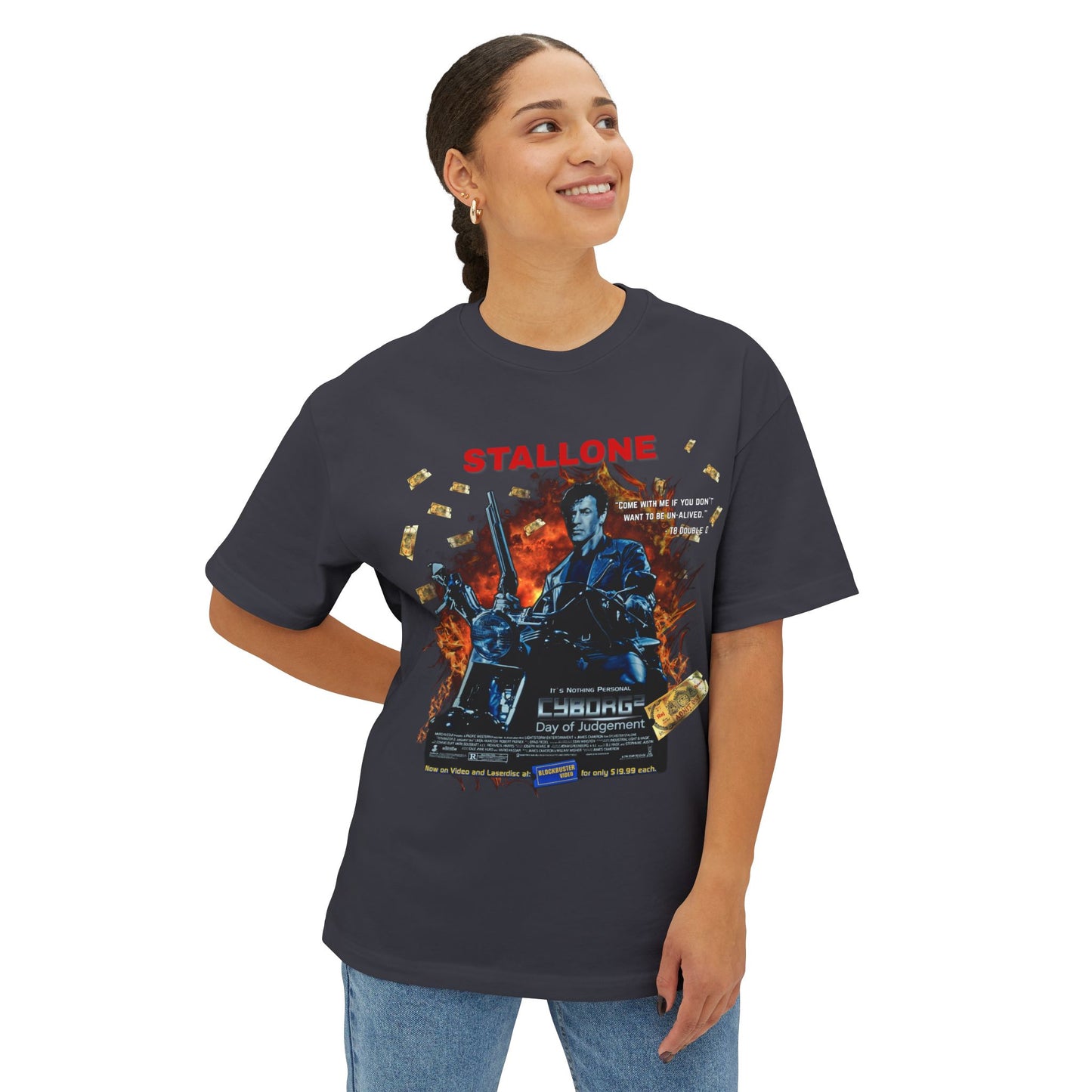 Boxy Oversized Action Movie Hero Tee – “Cyborg 2: Day of Judgement” Spoof Parody T-Shirt