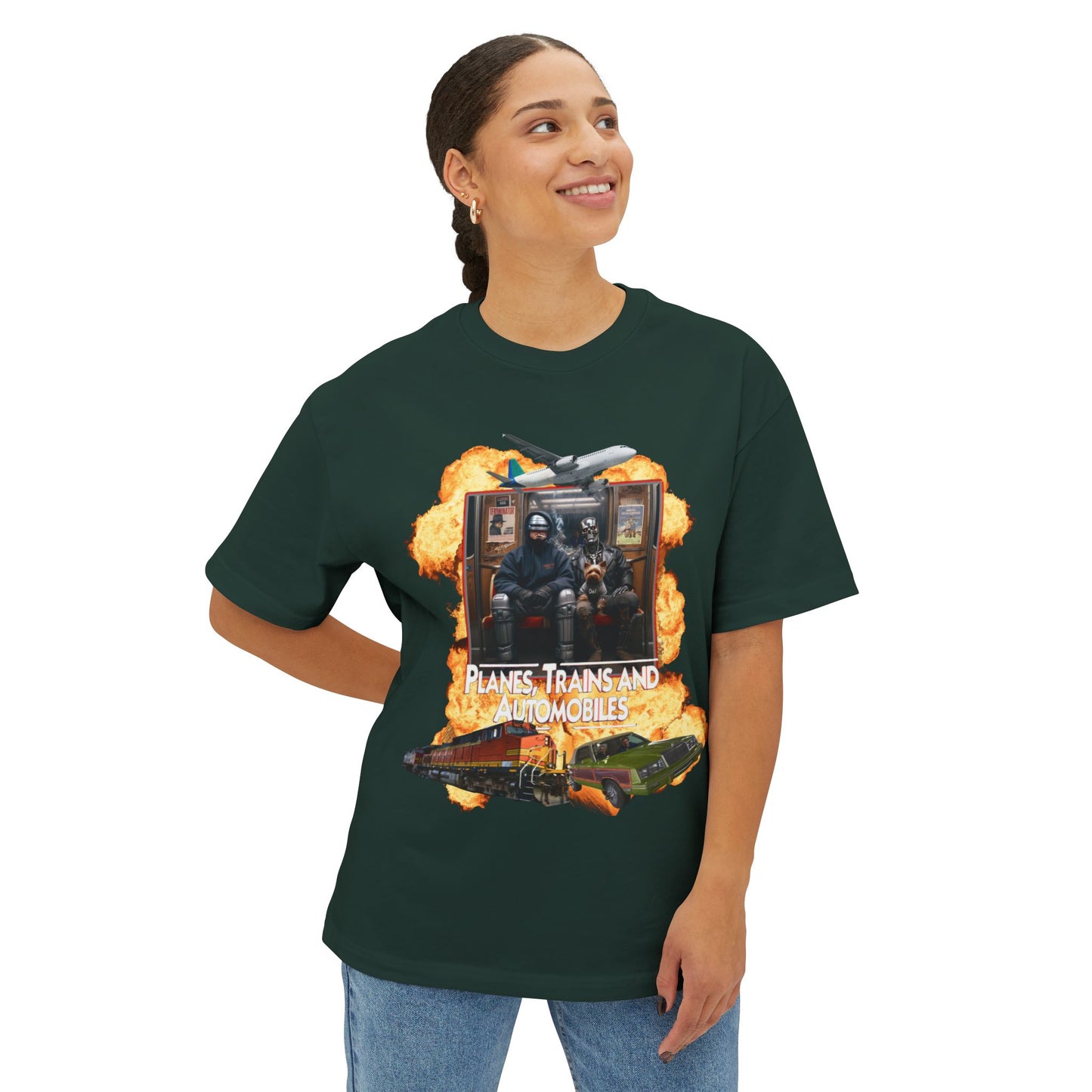 Oversized Boxy Planes, Trains, & Automobiles, and Cyborgs Tee – 80s Movies Mashup T-Shirt