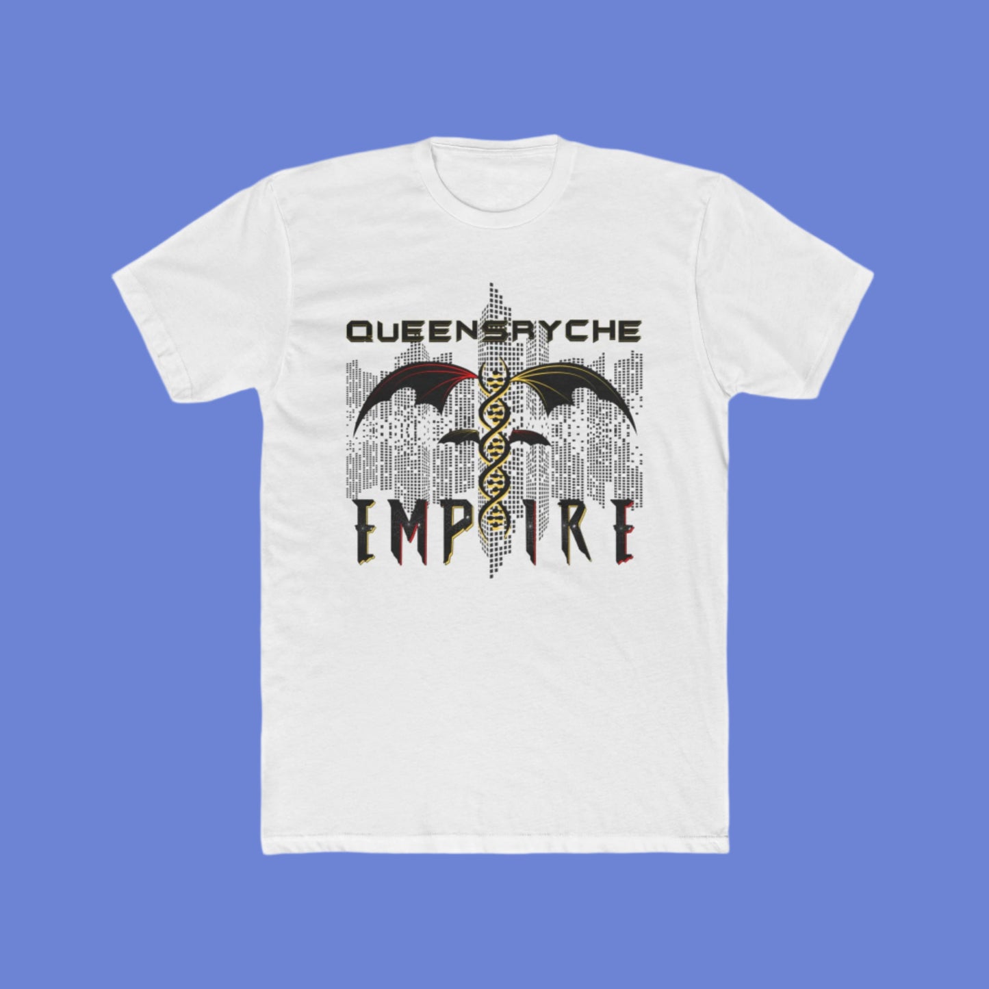 Queensrÿche Empire T-Shirt - 80s Power Metal Band Logo with DNA & Bat Wings - Bold Black & Yellow Design - Band Merch for Fans