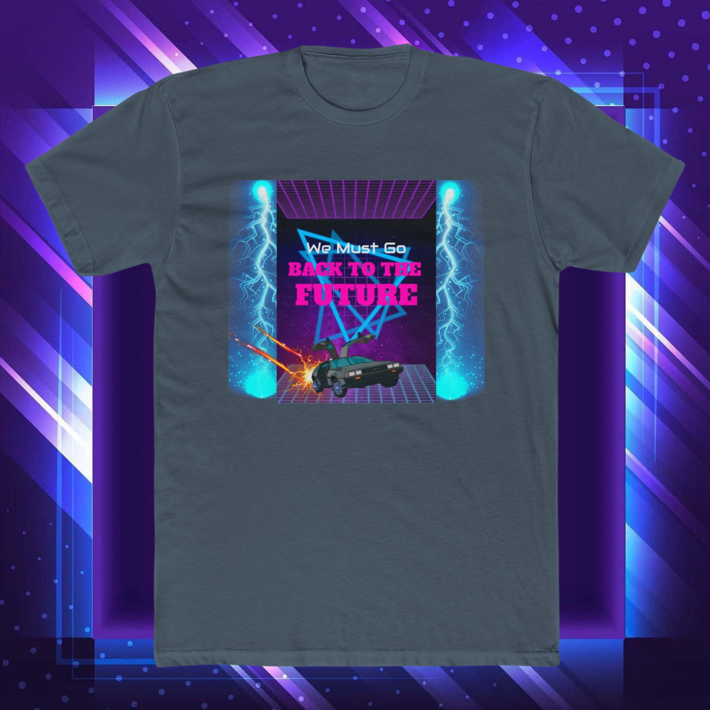 Back to the Future Homage Graphic T-Shirt with 80s Style Grid Design and the Delorean Time Machine