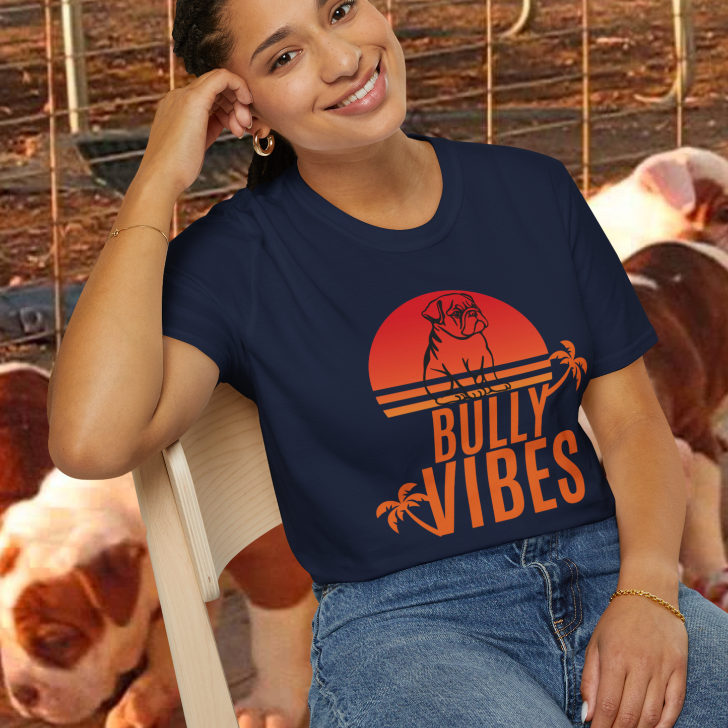 English Bulldog Vibes Retro Sunset Unisex Softstyle T-Shirt, Beach Summer Vibes Tee, Dog Lover Gift, Vintage Graphic Shirt, Animal Print Top