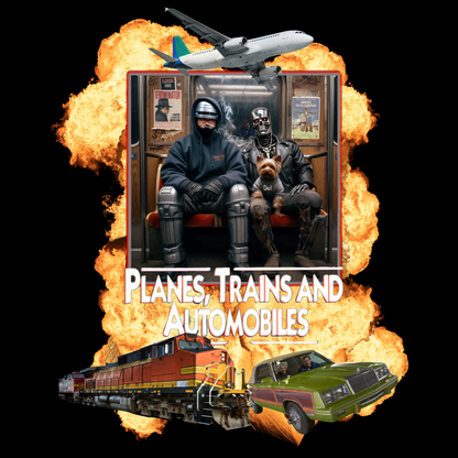 Oversized Boxy Planes, Trains, & Automobiles, and Cyborgs Tee – 80s Movies Mashup T-Shirt