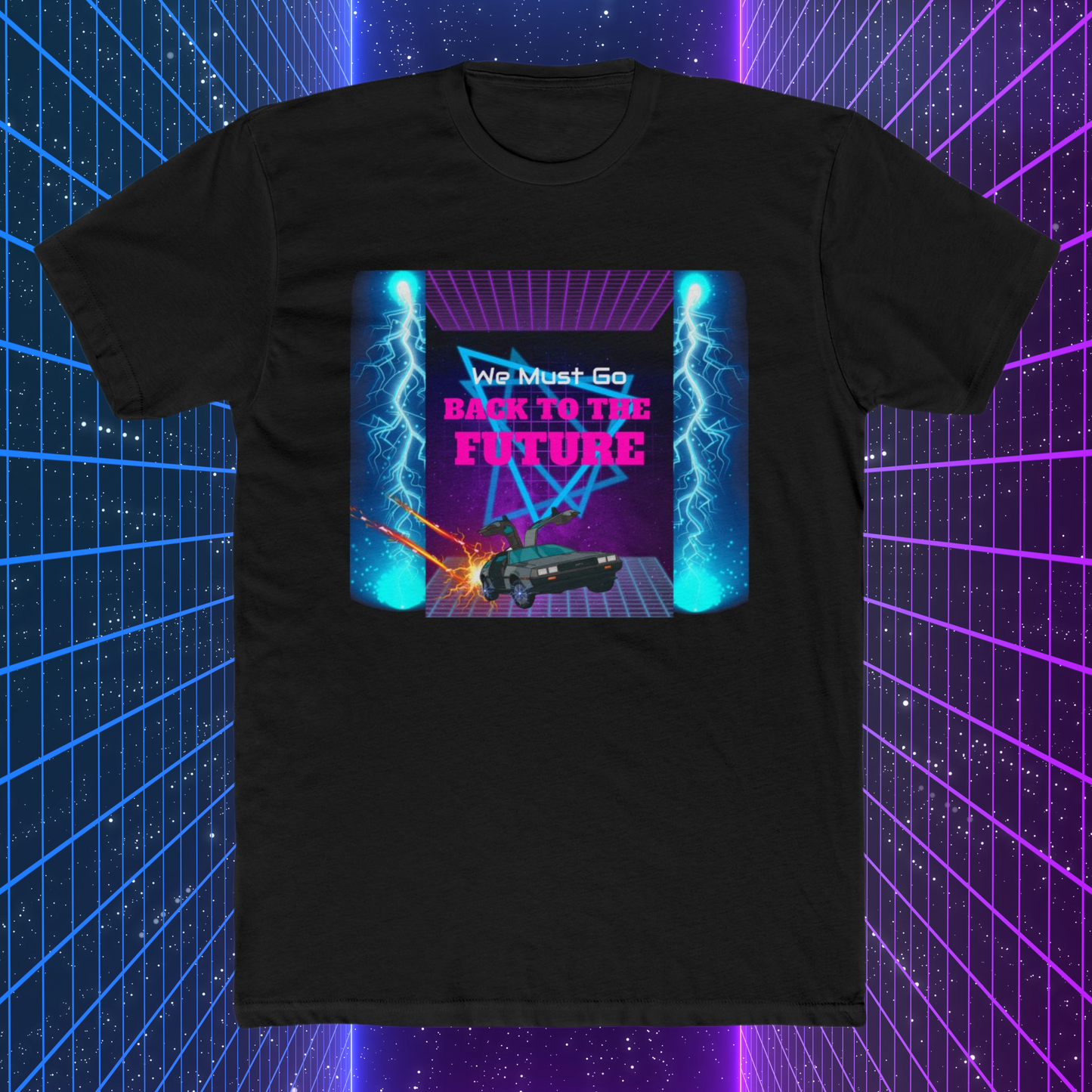 Back to the Future Homage Graphic T-Shirt with 80s Style Grid Design and the Delorean Time Machine