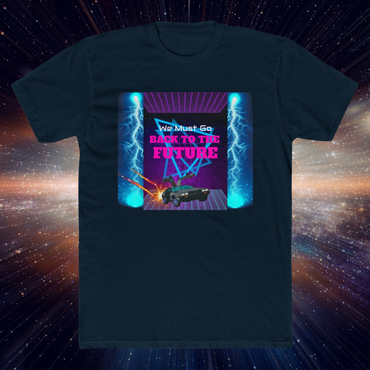 Back to the Future Homage Graphic T-Shirt with 80s Style Grid Design and the Delorean Time Machine