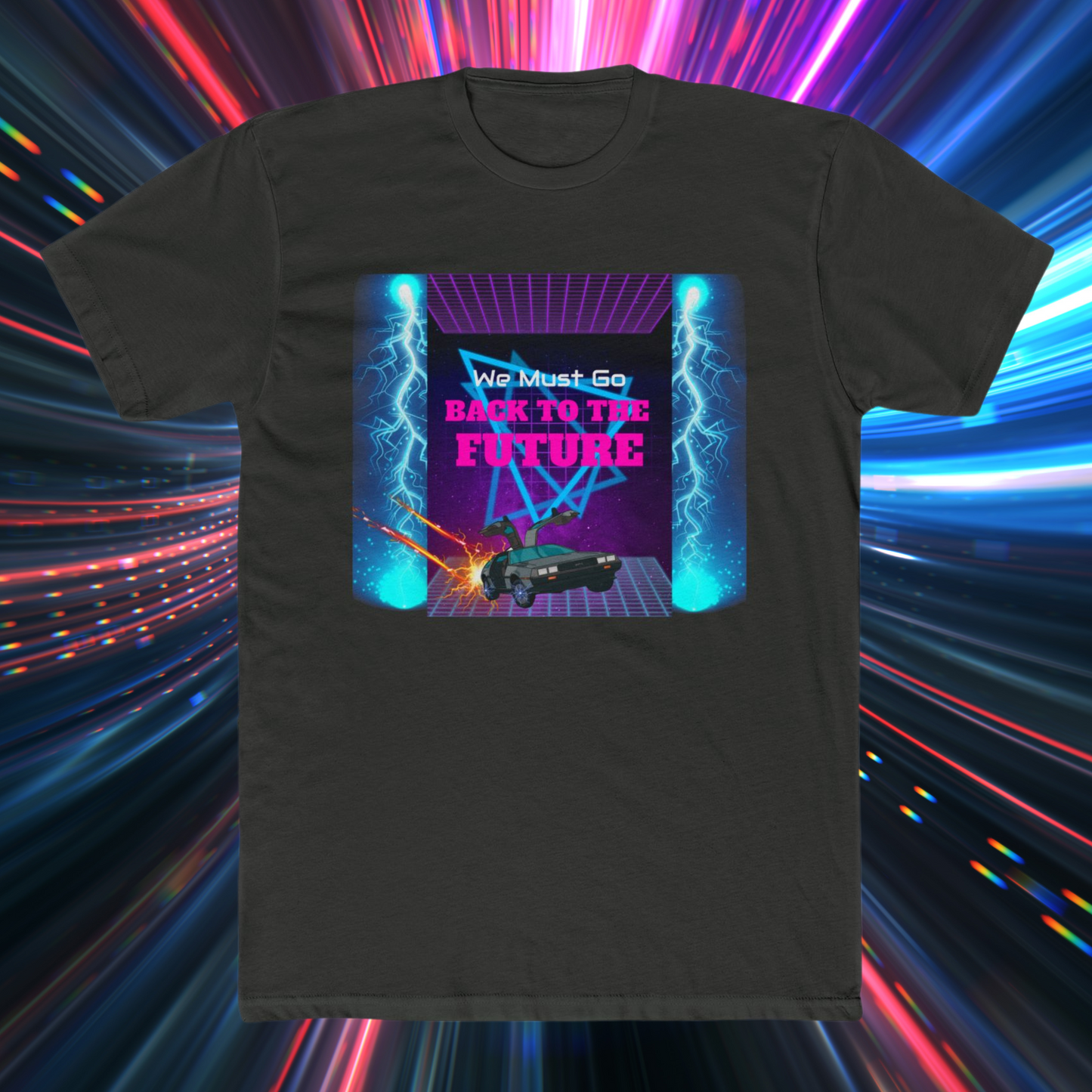 Back to the Future Homage Graphic T-Shirt with 80s Style Grid Design and the Delorean Time Machine