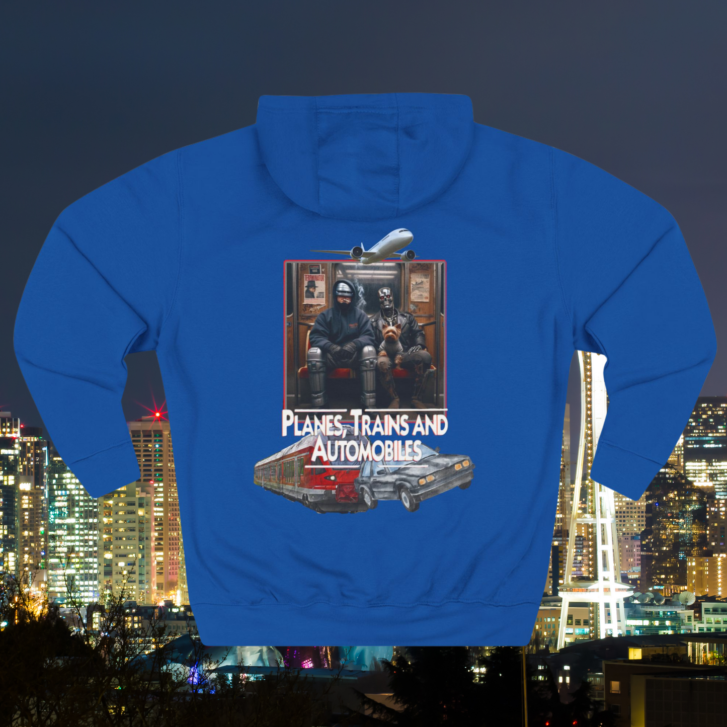 Planes, Trains, and Automobiles Movie Sci Fi Mash-Up in Double-sided Three-Panel Fleece Hoodie with Terminator and Robocop