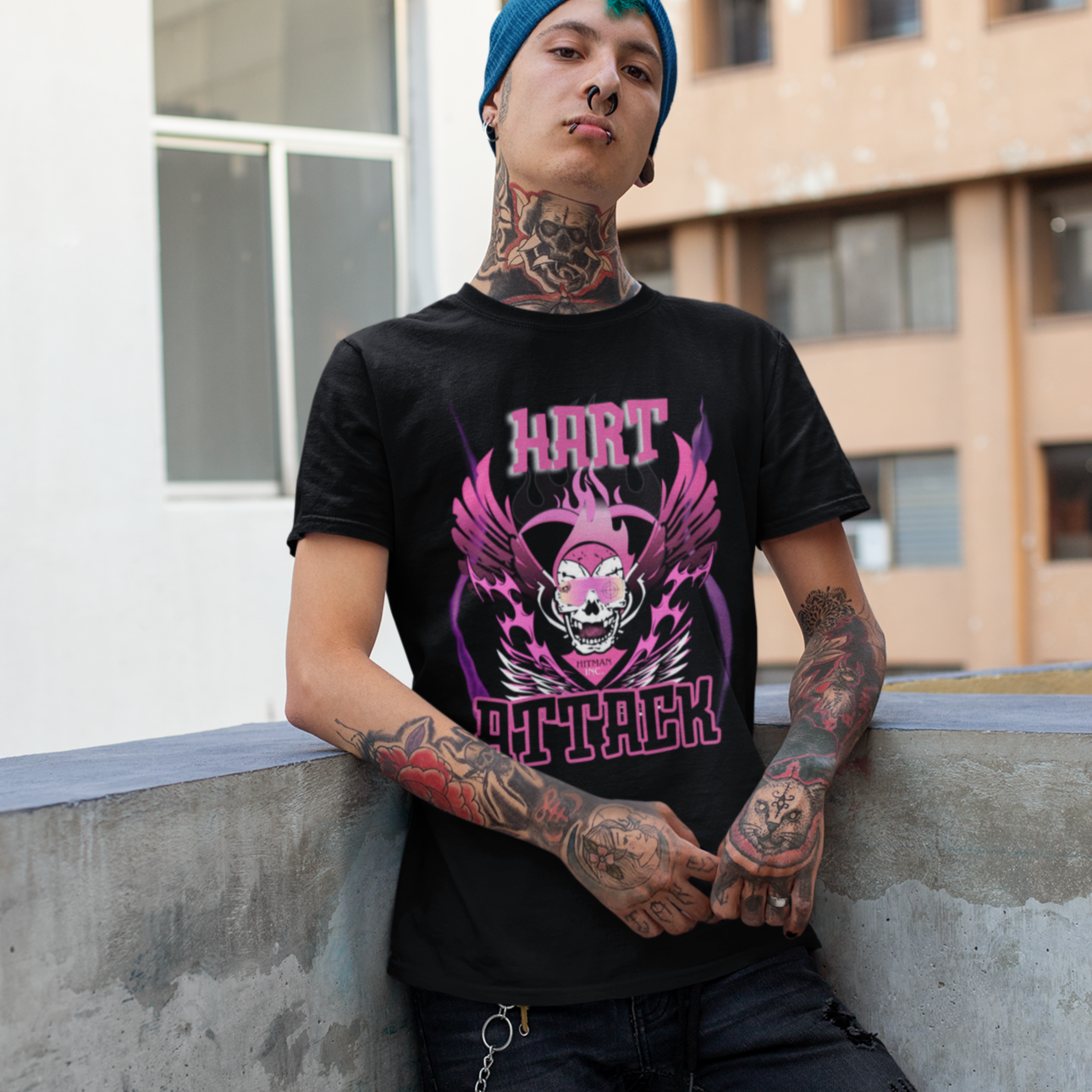 Bret Hart "Hart Attack" T-Shirt – Pink & Black Winged Skull Design WWE Retro Wrestling Tee