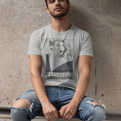 Vintage 80s Metropolis Poster T-Shirt – Retro Black Ink Woman Design | Off-Center Retro Tee